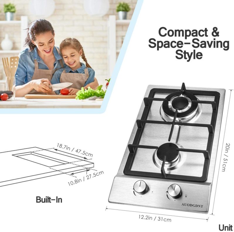 Appliances |  Gas Stove Gas Cooktop 2 Burners,12 Inches Portable Stainless Steel Built-In Gas Hob Lpg/Ng Dual Fuel Easy To Clean For Rvs, Apartments, Outdoor Kitchen & Dining Appliances