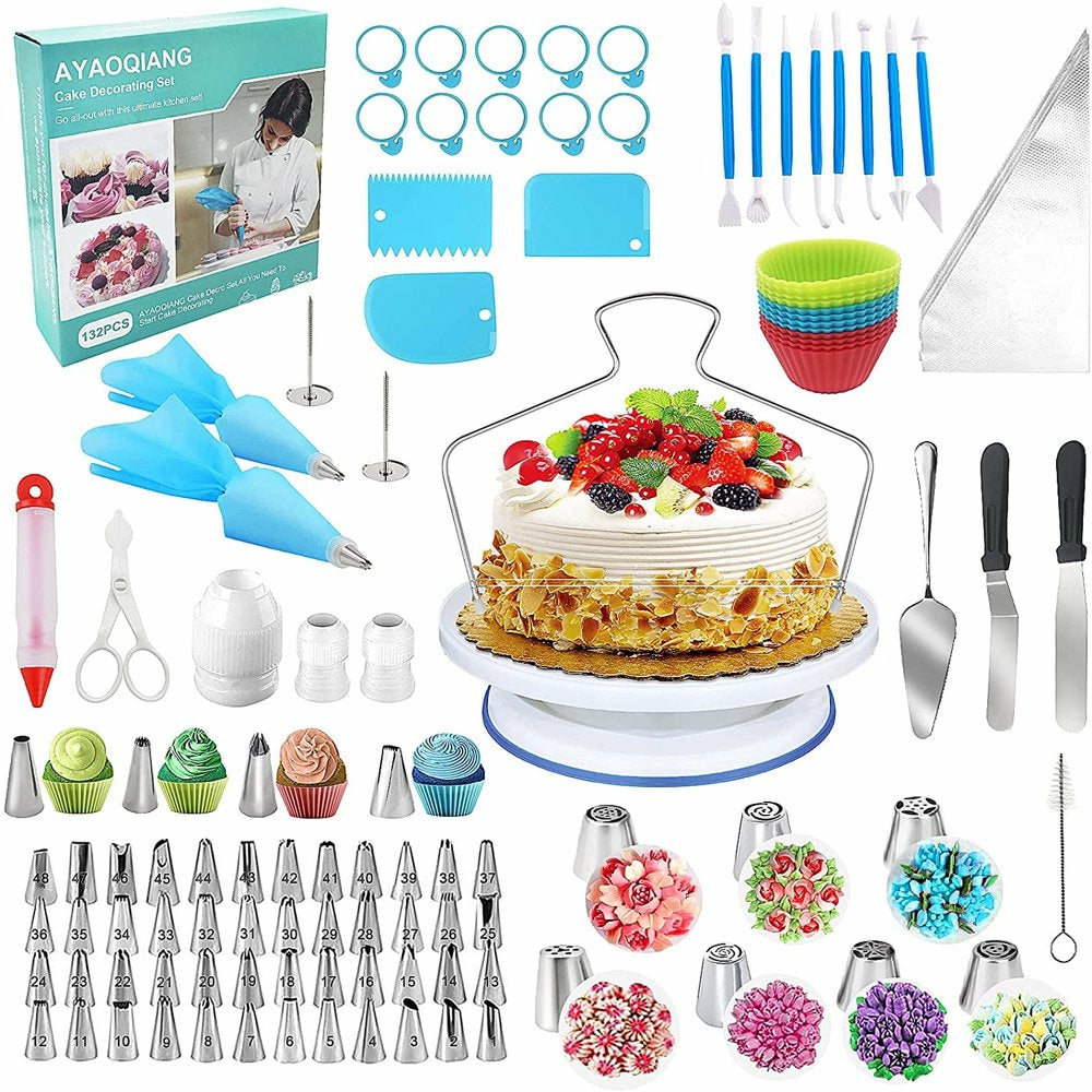 Bakeware |  132Pcs Cake Decorating Tools With Cake Turntable Stand, Icing Piping Nozzles, Russian Tulip Tips & Baking Decorations Supplies Set Bakeware AYAOQIANG