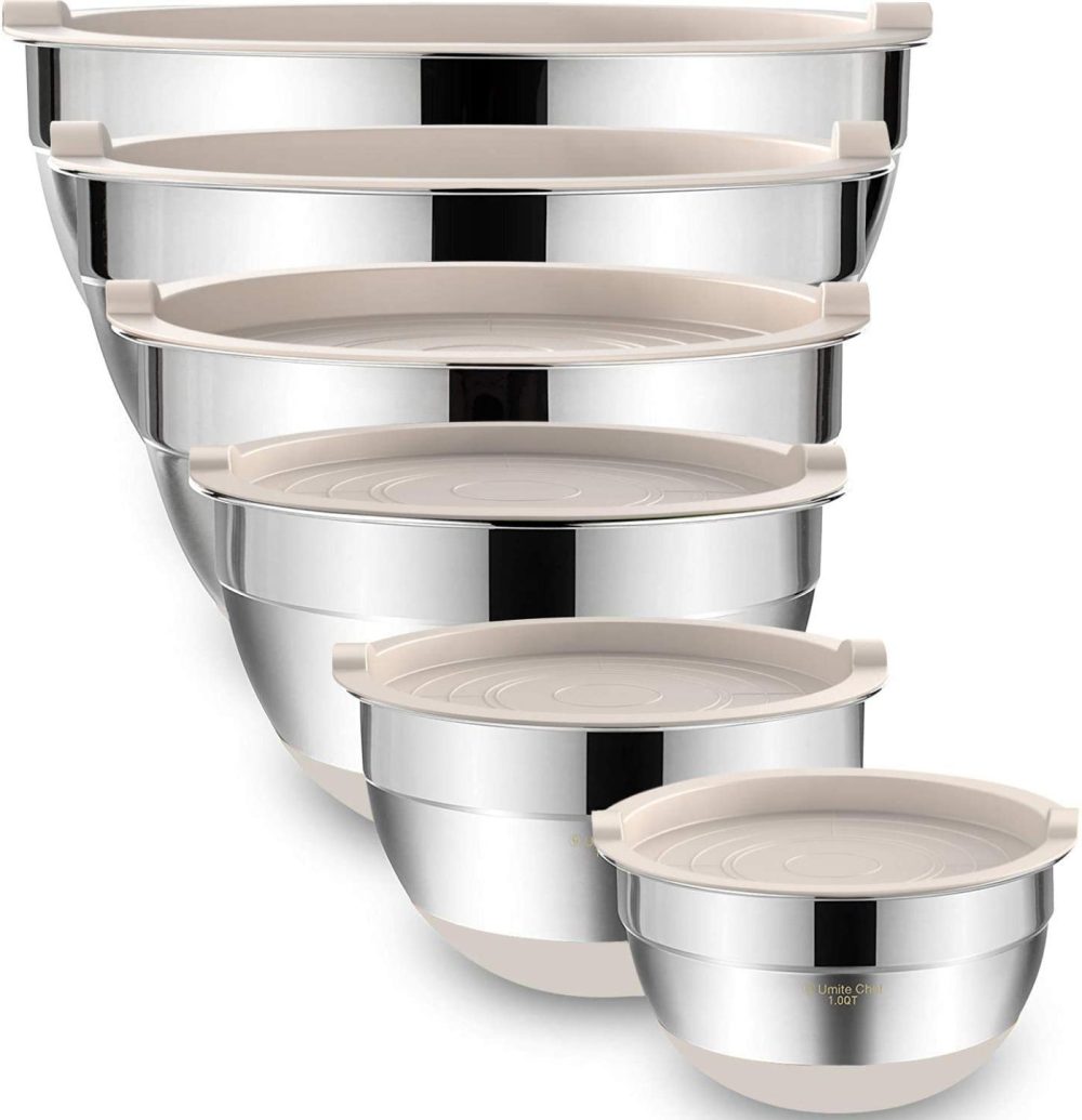 Bakeware |  Mixing Bowls With Airtight Lids，6 Piece Stainless Steel Metal Nesting Storage Bowls By Umite Chef, Non-Slip Bottoms Size 7, 3.5, 2.5, 2.0,1.5, 1Qt, Great For Mixing & Serving (Khaki） Bakeware Bakeware