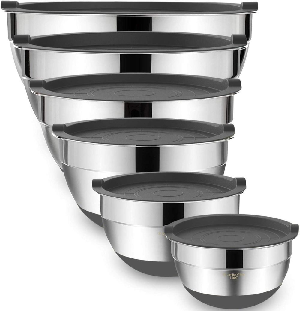 Bakeware |  Mixing Bowls With Airtight Lids，6 Piece Stainless Steel Metal Nesting Storage Bowls By Umite Chef, Non-Slip Bottoms Size 7, 3.5, 2.5, 2.0,1.5, 1Qt, Great For Mixing & Serving(Grey) Bakeware Bakeware