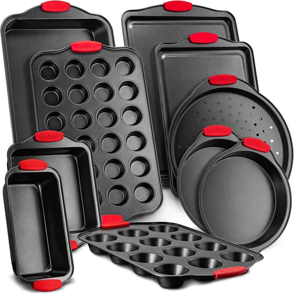 Bakeware |  Nutrichef 10-Piece Carbon Steel Nonstick Bakeware Baking Tray Set W/Heat Red Silicone Handles, Oven Safe, Cookie Sheet Bakeware Bakeware