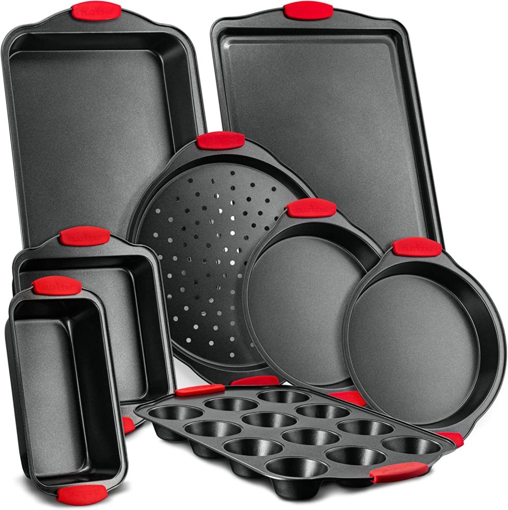 Bakeware |  Nutrichef 8-Piece Carbon Steel Nonstick Bakeware Baking Tray Set W/Heat Red Silicone Handles, Oven Safe Up To 450°F, Black Bakeware Bakeware