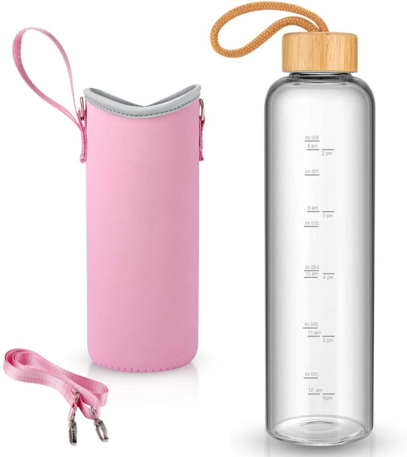 Bar Tools & Drinkware |  32 Oz Glass Water Bottle – Nylon Bottle Protection Sleeves, Bamboo Lid, And 1L Time Marked Measurements, Reusable, Eco-Friendly, Safe For Hot Liquids Tea Coffee Daily Bar Tools & Drinkware Bar Tools & Drinkware