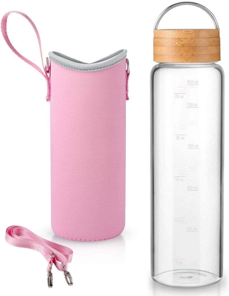 Bar Tools & Drinkware |  32 Oz Glass Water Bottle – Nylon Bottle Protection Sleeves, Bamboo Lid, And 1L Time Marked Measurements, Reusable, Eco-Friendly, Safe For Hot Liquids Tea Coffee Daily Bar Tools & Drinkware Bar Tools & Drinkware