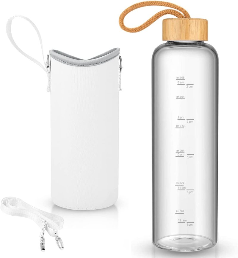 Bar Tools & Drinkware |  32 Oz Glass Water Bottle – Nylon Bottle Protection Sleeves, Bamboo Lid, And 1L Time Marked Measurements, Reusable, Eco-Friendly, Safe For Hot Liquids Tea Coffee Daily Bar Tools & Drinkware Bar Tools & Drinkware