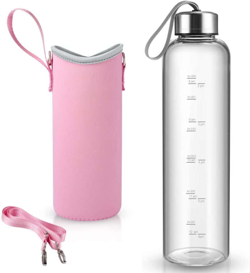 Bar Tools & Drinkware |  32 Oz Glass Water Bottle – Nylon Bottle Protection Sleeves, Bamboo Lid, And 1L Time Marked Measurements, Reusable, Eco-Friendly, Safe For Hot Liquids Tea Coffee Daily Bar Tools & Drinkware Bar Tools & Drinkware