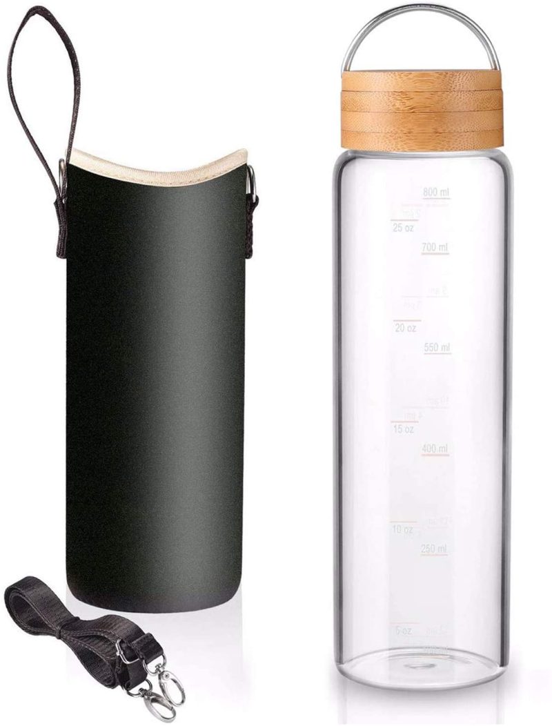 Bar Tools & Drinkware |  32 Oz Glass Water Bottle – Nylon Bottle Protection Sleeves, Bamboo Lid, And 1L Time Marked Measurements, Reusable, Eco-Friendly, Safe For Hot Liquids Tea Coffee Daily Bar Tools & Drinkware Bar Tools & Drinkware