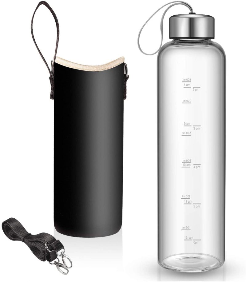 Bar Tools & Drinkware |  32 Oz Glass Water Bottle – Nylon Bottle Protection Sleeves, Bamboo Lid, And 1L Time Marked Measurements, Reusable, Eco-Friendly, Safe For Hot Liquids Tea Coffee Daily Bar Tools & Drinkware Bar Tools & Drinkware