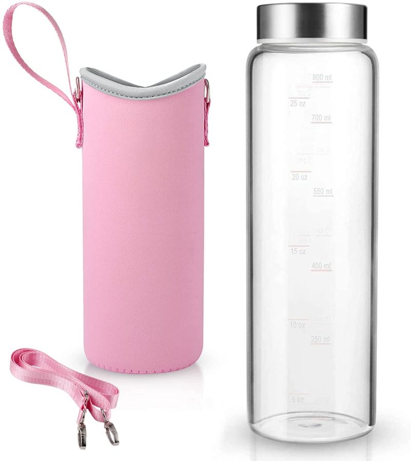 Bar Tools & Drinkware |  32 Oz Glass Water Bottle – Nylon Bottle Protection Sleeves, Bamboo Lid, And 1L Time Marked Measurements, Reusable, Eco-Friendly, Safe For Hot Liquids Tea Coffee Daily Bar Tools & Drinkware Bar Tools & Drinkware