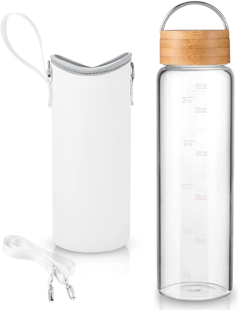 Bar Tools & Drinkware |  32 Oz Glass Water Bottle – Nylon Bottle Protection Sleeves, Bamboo Lid, And 1L Time Marked Measurements, Reusable, Eco-Friendly, Safe For Hot Liquids Tea Coffee Daily Bar Tools & Drinkware Bar Tools & Drinkware