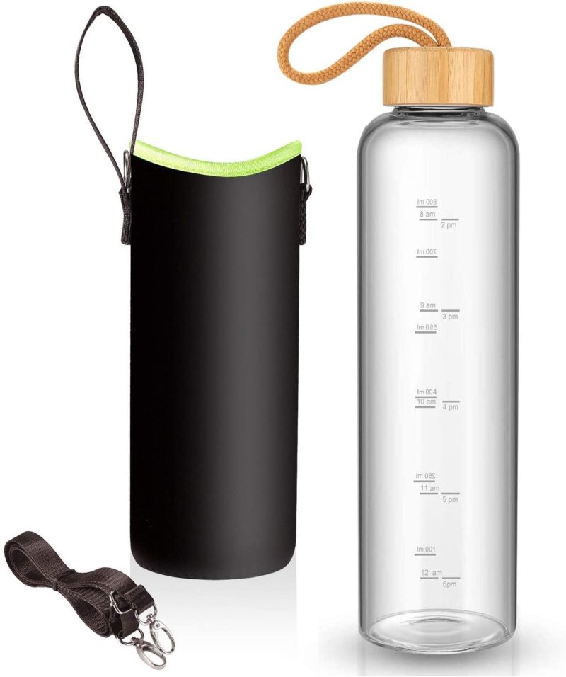 Bar Tools & Drinkware |  32 Oz Glass Water Bottle – Nylon Bottle Protection Sleeves, Bamboo Lid, And 1L Time Marked Measurements, Reusable, Eco-Friendly, Safe For Hot Liquids Tea Coffee Daily Bar Tools & Drinkware Bar Tools & Drinkware