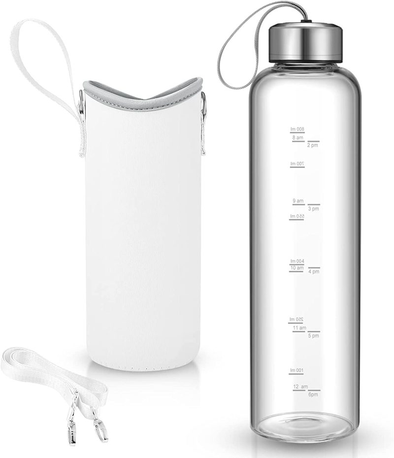 Bar Tools & Drinkware |  32 Oz Glass Water Bottle – Nylon Bottle Protection Sleeves, Bamboo Lid, And 1L Time Marked Measurements, Reusable, Eco-Friendly, Safe For Hot Liquids Tea Coffee Daily Bar Tools & Drinkware Bar Tools & Drinkware