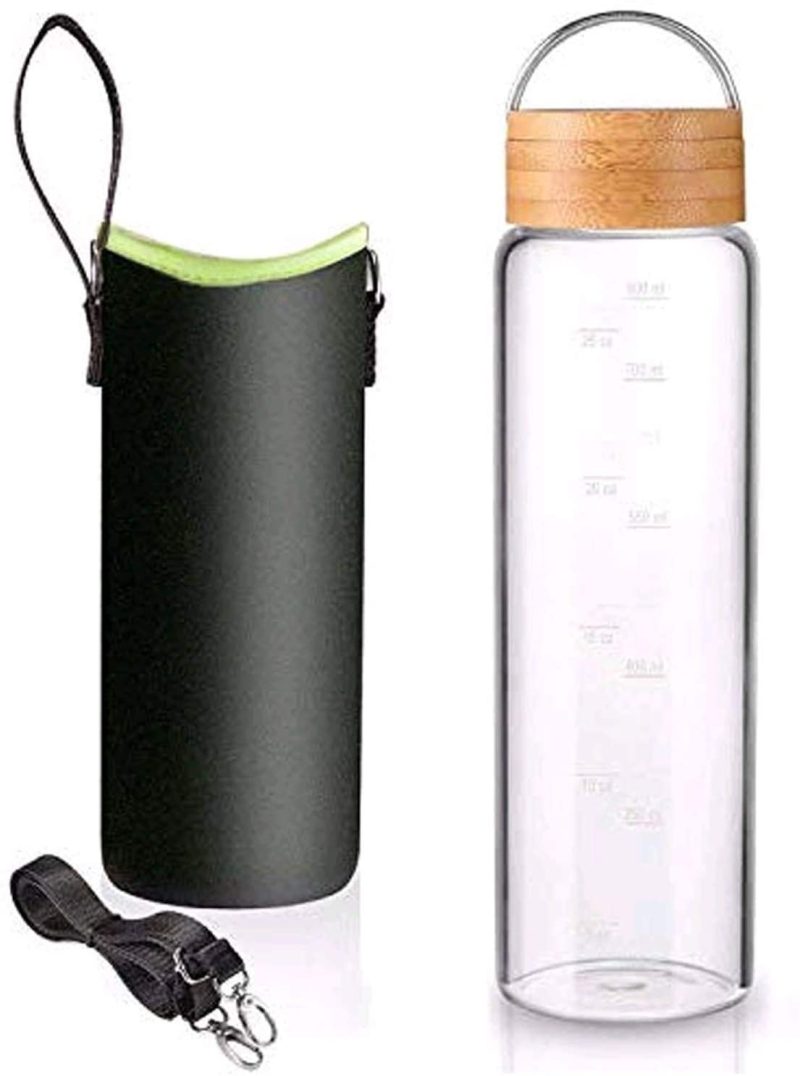 Bar Tools & Drinkware |  32 Oz Glass Water Bottle – Nylon Bottle Protection Sleeves, Bamboo Lid, And 1L Time Marked Measurements, Reusable, Eco-Friendly, Safe For Hot Liquids Tea Coffee Daily Bar Tools & Drinkware Bar Tools & Drinkware