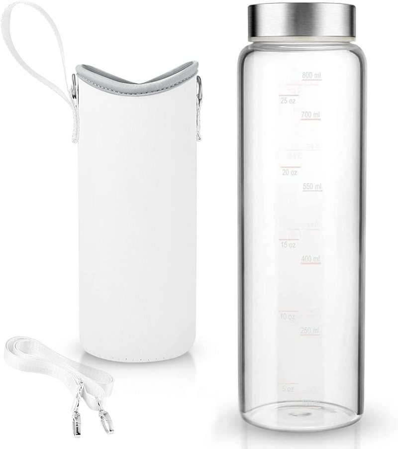 Bar Tools & Drinkware |  32 Oz Glass Water Bottle – Nylon Bottle Protection Sleeves, Bamboo Lid, And 1L Time Marked Measurements, Reusable, Eco-Friendly, Safe For Hot Liquids Tea Coffee Daily Bar Tools & Drinkware Bar Tools & Drinkware