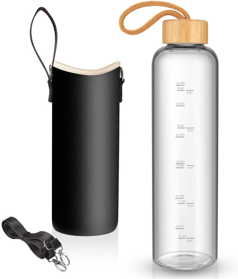 Bar Tools & Drinkware |  32 Oz Glass Water Bottle – Nylon Bottle Protection Sleeves, Bamboo Lid, And 1L Time Marked Measurements, Reusable, Eco-Friendly, Safe For Hot Liquids Tea Coffee Daily Bar Tools & Drinkware Bar Tools & Drinkware