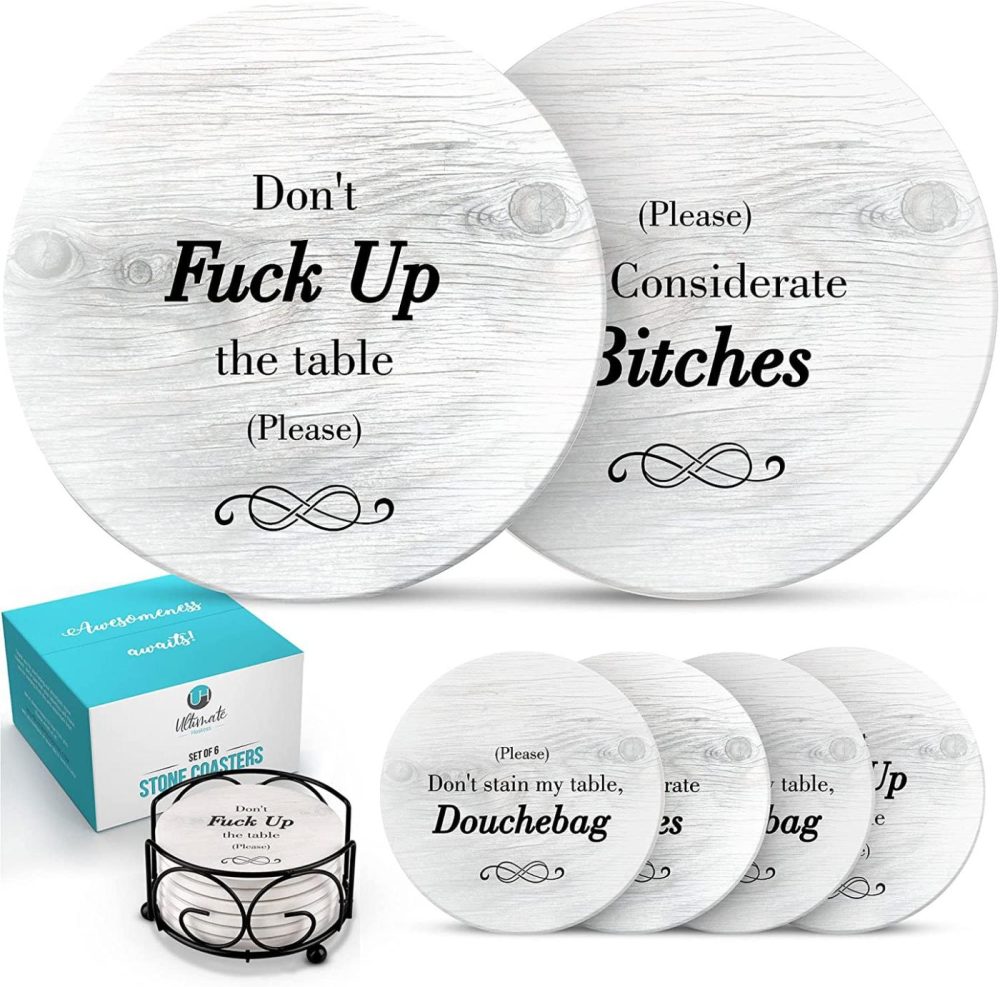 Bar Tools & Drinkware |  Funny Coasters For Drinks With Holder – Absorbent Drink Coasters Set 6 Pcs – 3 Sayings – Housewarming Gift For Friends – Men, Birthday – Cool Home Decor – Living Room, Kitchen, Bar Decorations Bar Tools & Drinkware Bar Tools & Drinkware