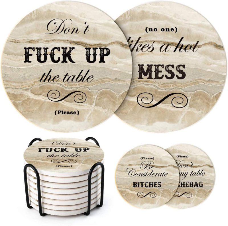 Bar Tools & Drinkware |  Lifver Funny Coasters For Drinks With Holder, Set Of 8 Marble Style Absorbent Drink Coasters With Cork Base, Bar Coaster With 4 Sayings, For Tabletop Protection, 4 Inch Bar Tools & Drinkware Bar Tools & Drinkware