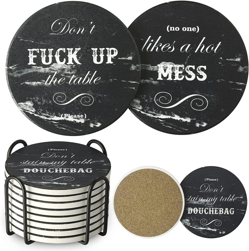 Bar Tools & Drinkware |  Lifver Funny Coasters For Drinks With Holder, Set Of 8 Marble Style Absorbent Drink Coasters With Cork Base, Bar Coaster With 4 Sayings, For Tabletop Protection, 4 Inch Bar Tools & Drinkware Bar Tools & Drinkware