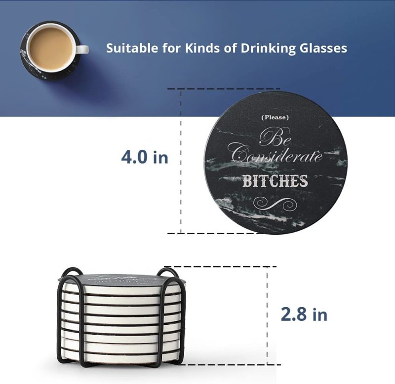 Bar Tools & Drinkware |  Lifver Funny Coasters For Drinks With Holder, Set Of 8 Marble Style Absorbent Drink Coasters With Cork Base, Bar Coaster With 4 Sayings, For Tabletop Protection, 4 Inch Bar Tools & Drinkware Bar Tools & Drinkware