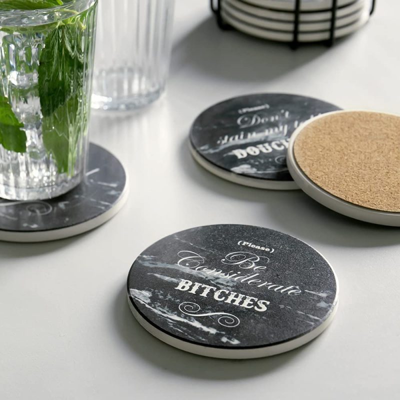 Bar Tools & Drinkware |  Lifver Funny Coasters For Drinks With Holder, Set Of 8 Marble Style Absorbent Drink Coasters With Cork Base, Bar Coaster With 4 Sayings, For Tabletop Protection, 4 Inch Bar Tools & Drinkware Bar Tools & Drinkware