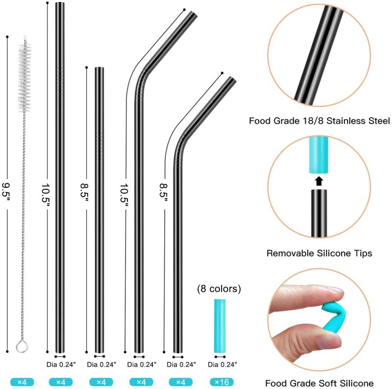 Bar Tools & Drinkware |  Reusable Metal Straws With Silicone Tip & Travel Case & Cleaning Brush,Long Stainless Steel Straws Drinking Straw For 20 And 30 Oz Tumbler Bar Tools & Drinkware Bar Tools & Drinkware