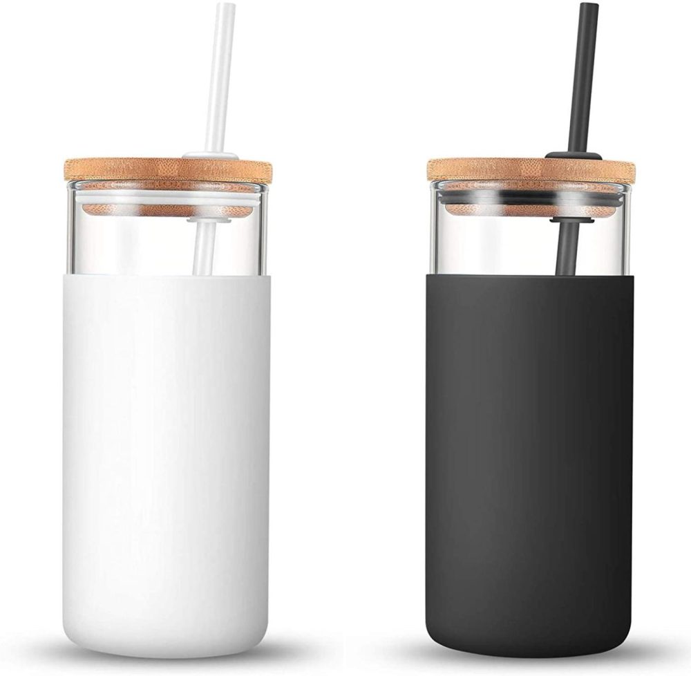 Bar Tools & Drinkware |  Tronco 20Oz Glass Tumbler Glass Water Bottle Straw Silicone Protective Sleeve Bamboo Lid – Bpa Free (White Black) Bar Tools & Drinkware Bar Tools & Drinkware