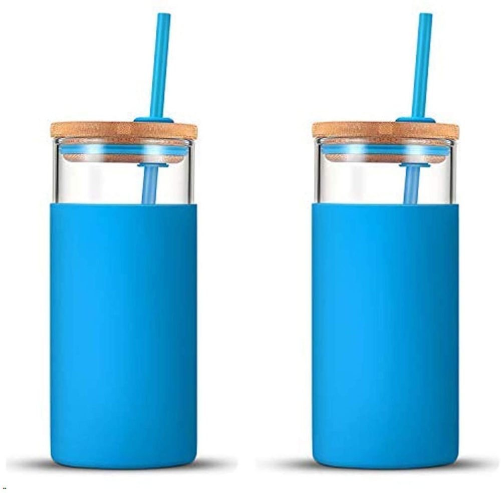 Bar Tools & Drinkware |  Tronco 20Oz Glass Tumbler Straw Silicone Protective Sleeve Bamboo Lid – Bpa Free (Blue/ 2-Pack) Bar Tools & Drinkware Bar Tools & Drinkware