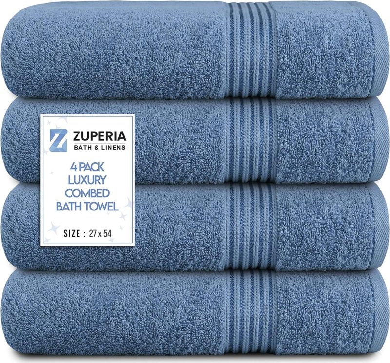 Bath |  Bath Towels 27" X 54" Set Of 4 Ultra Soft 600 Gsm 100% Combed Cotton Large Towels For Bathroom, Highly Absorbent Daily Usage Bath Towel Set Ideal For Pool, Home, Gym, Spa, Hotel (Blue) Bath Bath