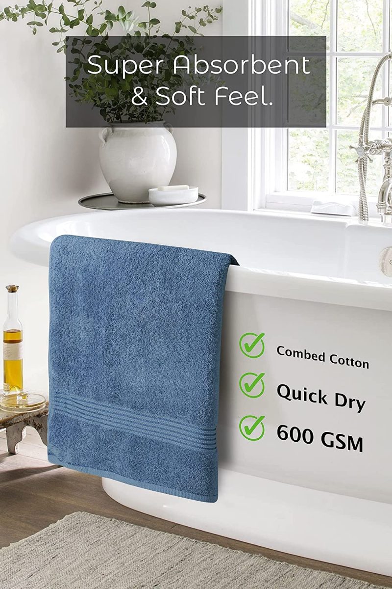 Bath |  Bath Towels 27" X 54" Set Of 4 Ultra Soft 600 Gsm 100% Combed Cotton Large Towels For Bathroom, Highly Absorbent Daily Usage Bath Towel Set Ideal For Pool, Home, Gym, Spa, Hotel (Blue) Bath Bath