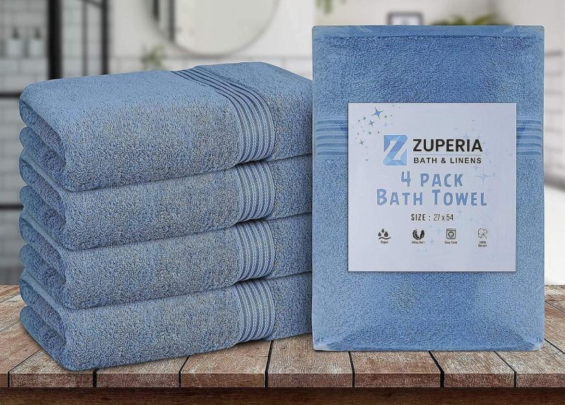 Bath |  Bath Towels 27" X 54" Set Of 4 Ultra Soft 600 Gsm 100% Combed Cotton Large Towels For Bathroom, Highly Absorbent Daily Usage Bath Towel Set Ideal For Pool, Home, Gym, Spa, Hotel (Blue) Bath Bath