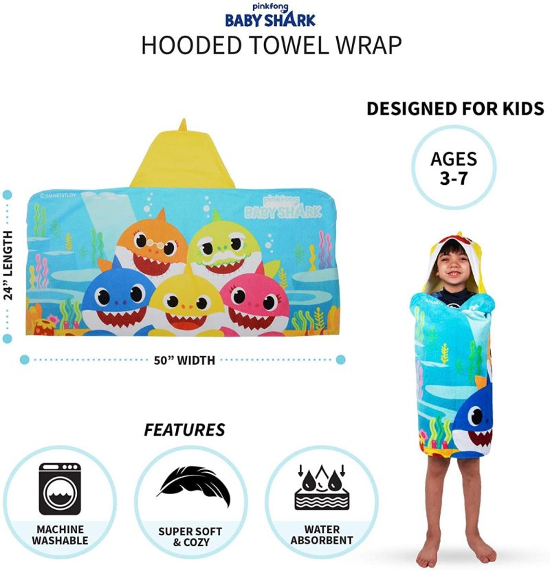 Bath |  Franco Kids Bath And Beach Soft Cotton Terry Hooded Towel Wrap, 24" X 50", Baby Shark Bath Baby Shark