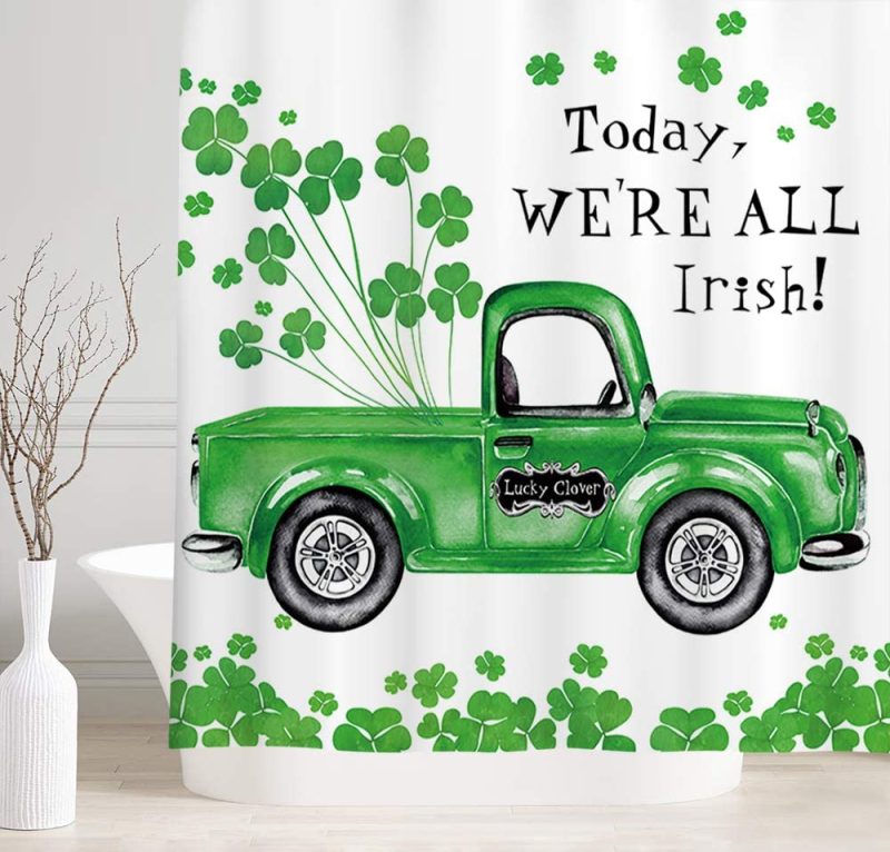 Bath |  Nymb St. Patrick’s Day Shamrocks Leaf Shower Curtains, Falling Green Lucky Clover Leaves On Rustic Truck Bath Bath