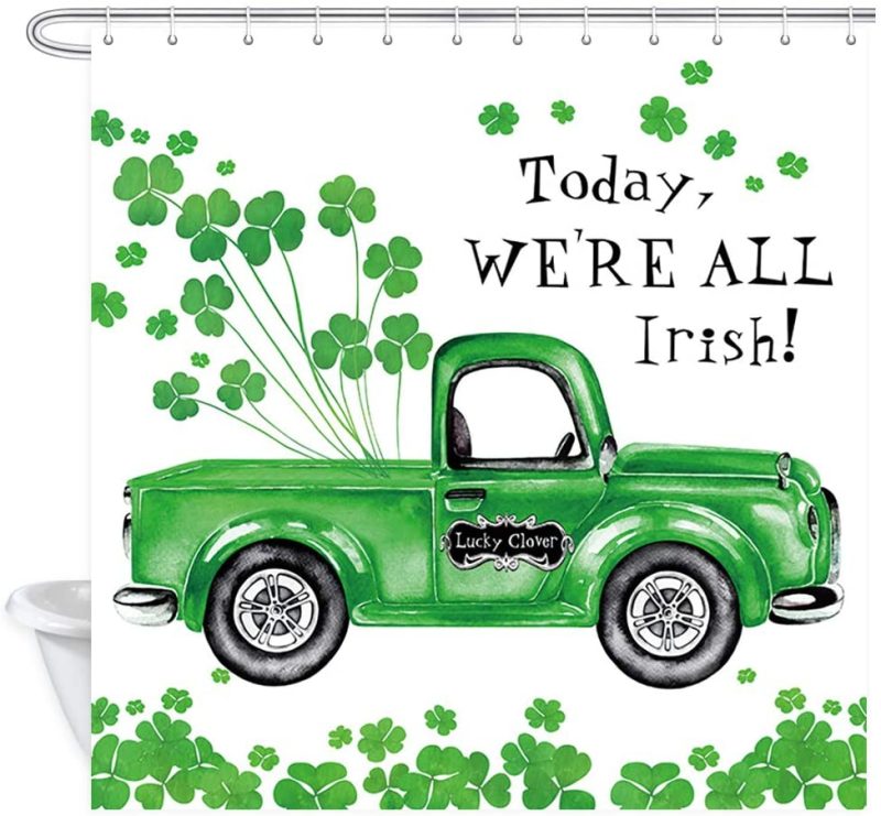 Bath |  Nymb St. Patrick’s Day Shamrocks Leaf Shower Curtains, Falling Green Lucky Clover Leaves On Rustic Truck Bath Bath