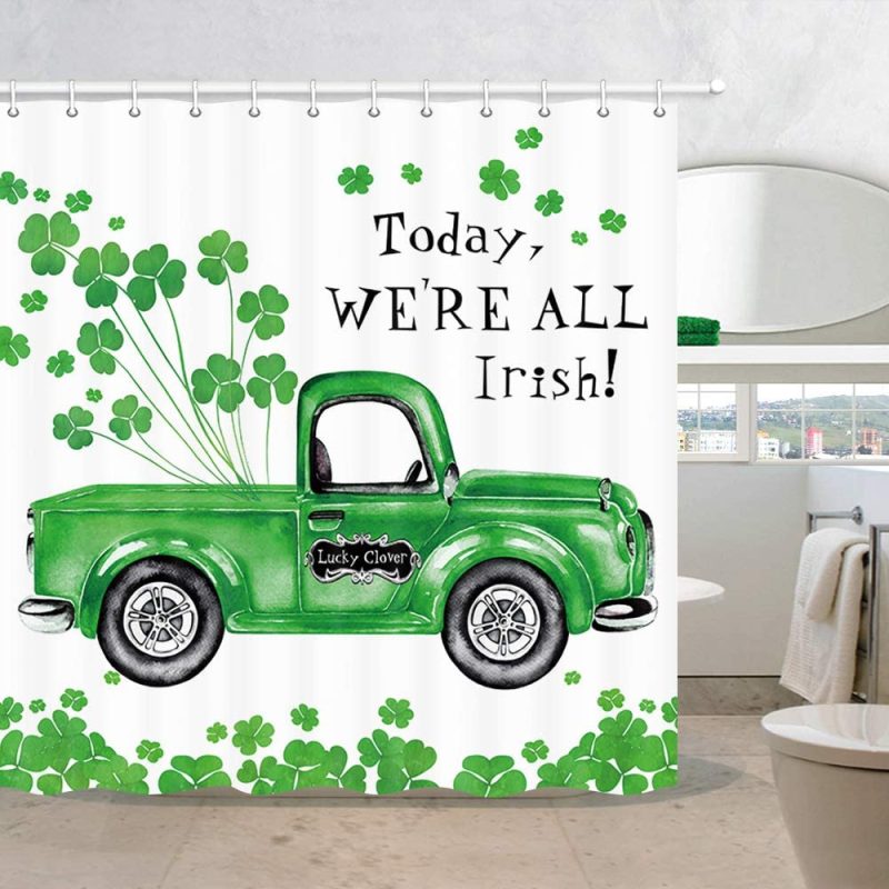 Bath |  Nymb St. Patrick’s Day Shamrocks Leaf Shower Curtains, Falling Green Lucky Clover Leaves On Rustic Truck Bath Bath