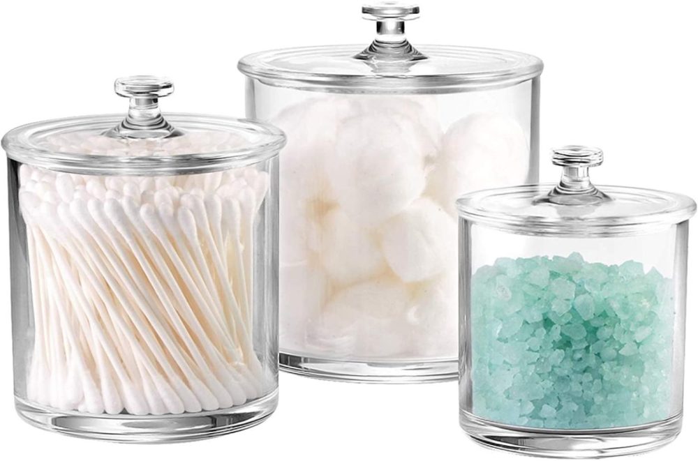 Bath |  Premium Quality Acrylic Qtip Holder Apothecary Jars Bathroom Vanity Organizer Canister For Qtips,Cotton Swabs,Cotton Balls,Cosmetic Pads,Flossers,Nail Polish,Bath Salts,Clear,Plastic | 3-Pack Bath Bath