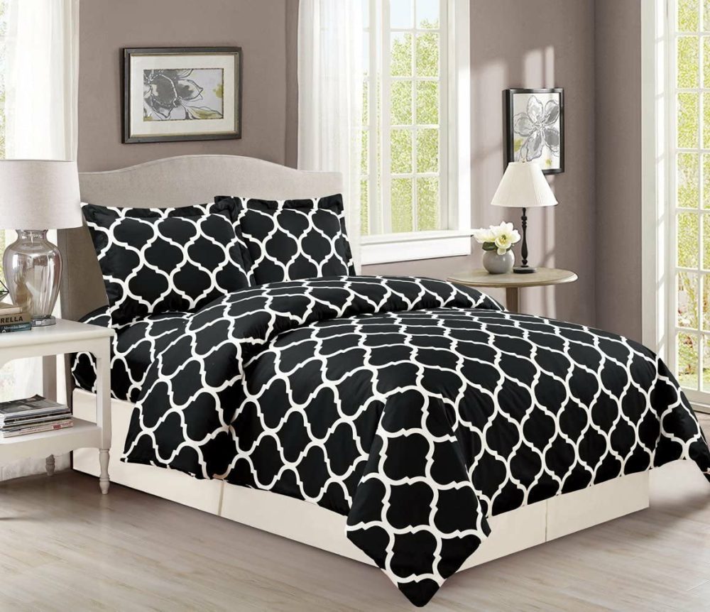 Bedding |  3 Piece Double Brushed Microfiber Geo Quatrefoil Trellis Lattice Duvet Cover Set, 3Pc Luxury Soft Bedding Bedding