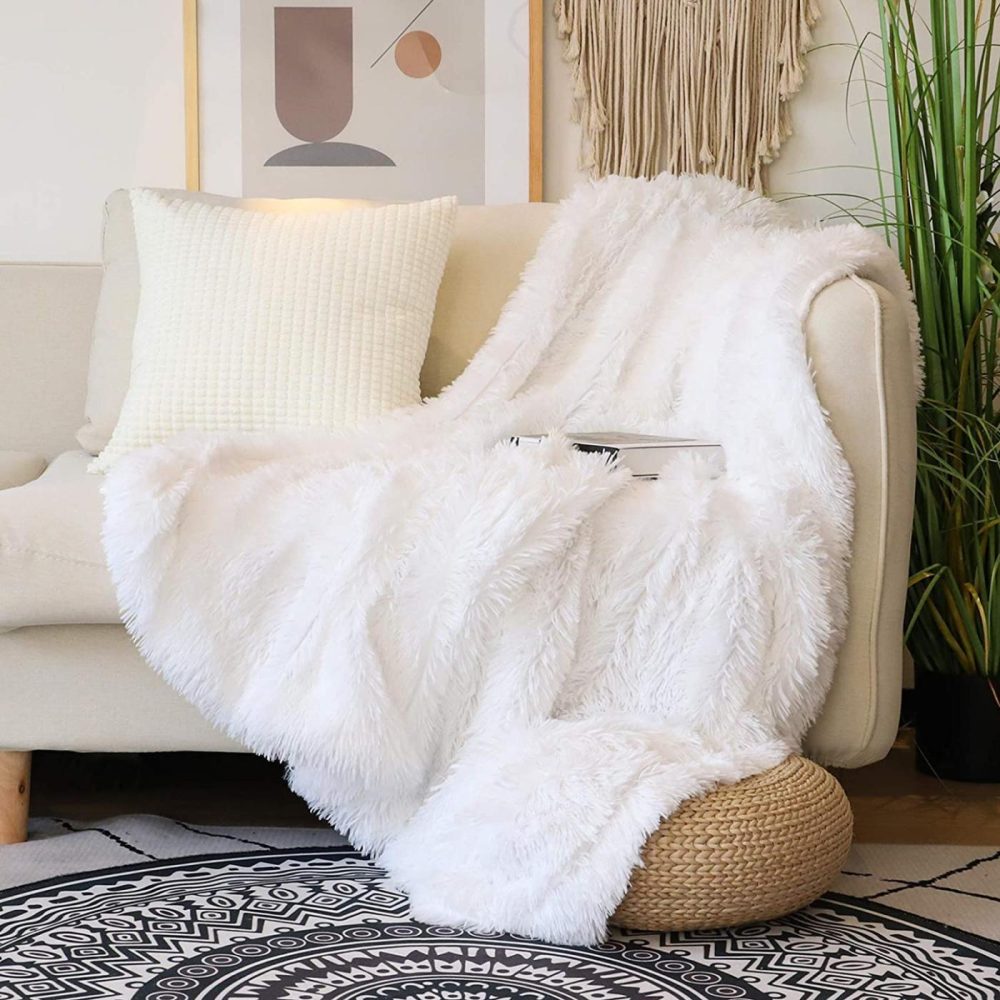 Bedding |  Decorative Extra Soft Faux Fur Throw Blanket 50" X 60",Solid Reversible Fuzzy Lightweight Long Hair Shaggy Blanket,Fluffy Cozy Plush Fleece Comfy Microfiber Fur Blanket For Couch Sofa Bed,Pure White Bedding Bedding