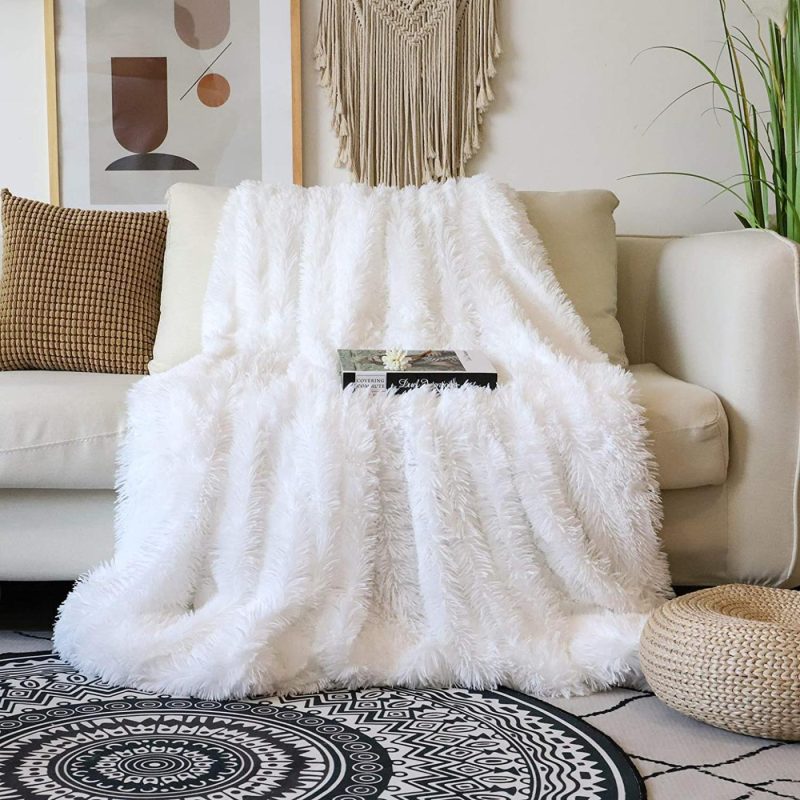 Bedding |  Decorative Extra Soft Faux Fur Throw Blanket 50" X 60",Solid Reversible Fuzzy Lightweight Long Hair Shaggy Blanket,Fluffy Cozy Plush Fleece Comfy Microfiber Fur Blanket For Couch Sofa Bed,Pure White Bedding Bedding