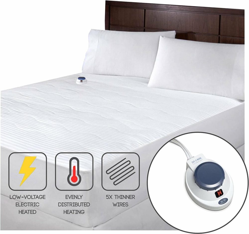 Bedding |  Electric Heated Warming Mattress Pad Dobby Stripe In White Size: Queen Bedding Bedding