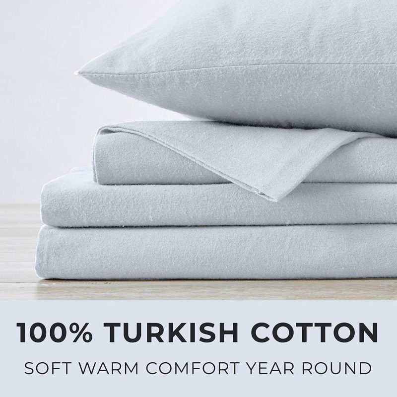 Bedding |  Great Bay Home Extra Soft 100% Turkish Cotton Flannel Sheet Set. Warm, Cozy, Heavyweight, Luxury Winter Deep Pocket Bed Sheets In Solid Colors. Nordic Collection (Queen, Pearl Blue) Bedding -Winter White