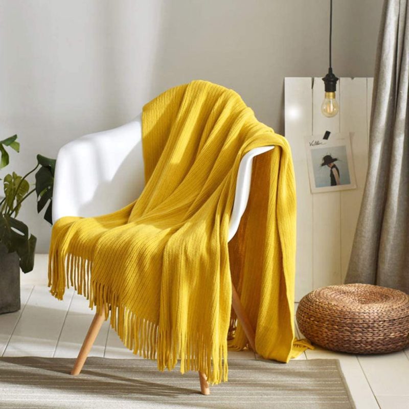 Bedding |  Lalifit Throw Blanket With Tassel Solid Soft Sofa Couch Cover Decoration Knitted Blankets Gifts For Home Decorate 50" X 60"(Chevron Yellow) Bedding Bedding