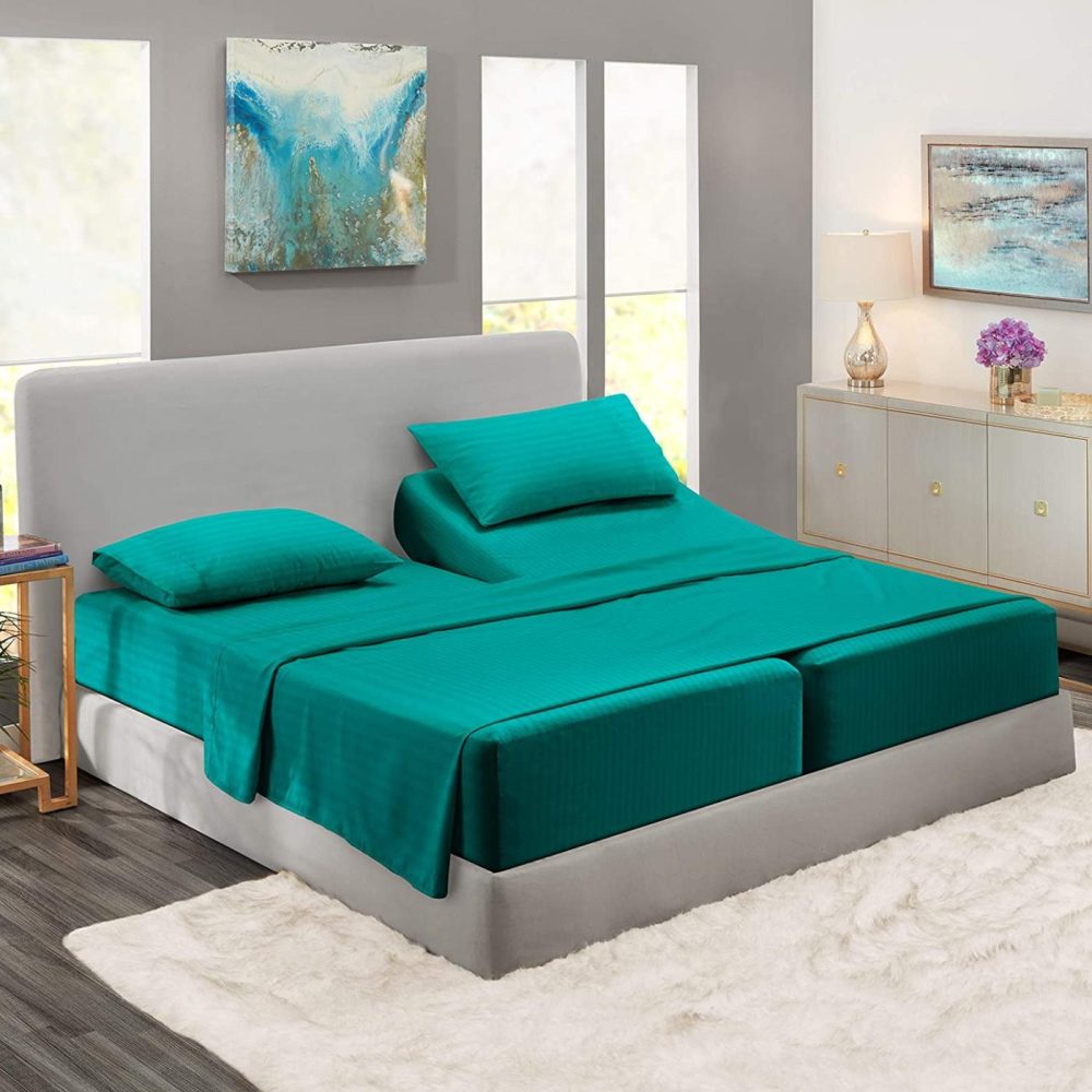 Bedding |  Nestl Bedding Damask Dobby Stripe 5 Piece Set – Deep Pocket Fitted Sheets – Soft Double Brushed Top Sheet – 2 Pillow Cases, Split King – Teal Bedding Bedding