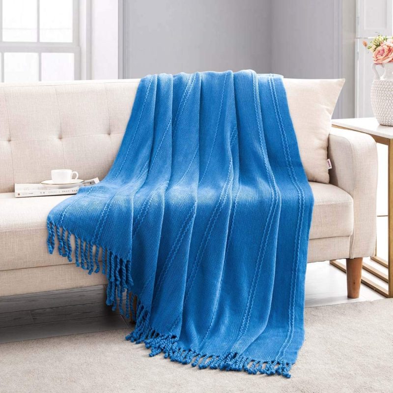 Bedding |  Revdomfly Knitted Throw Blanket Royal Blue Farmhouse Woven Blankets With Fringe Tassels For Couch Bed, 47" X 67", Royal Blue Bedding Bedding