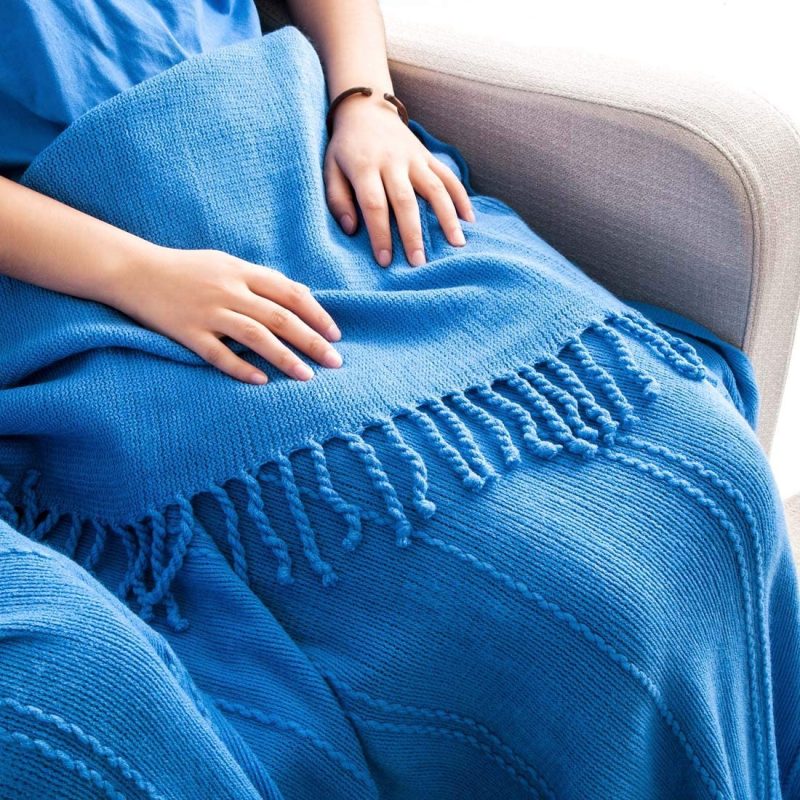 Bedding |  Revdomfly Knitted Throw Blanket Royal Blue Farmhouse Woven Blankets With Fringe Tassels For Couch Bed, 47" X 67", Royal Blue Bedding Bedding