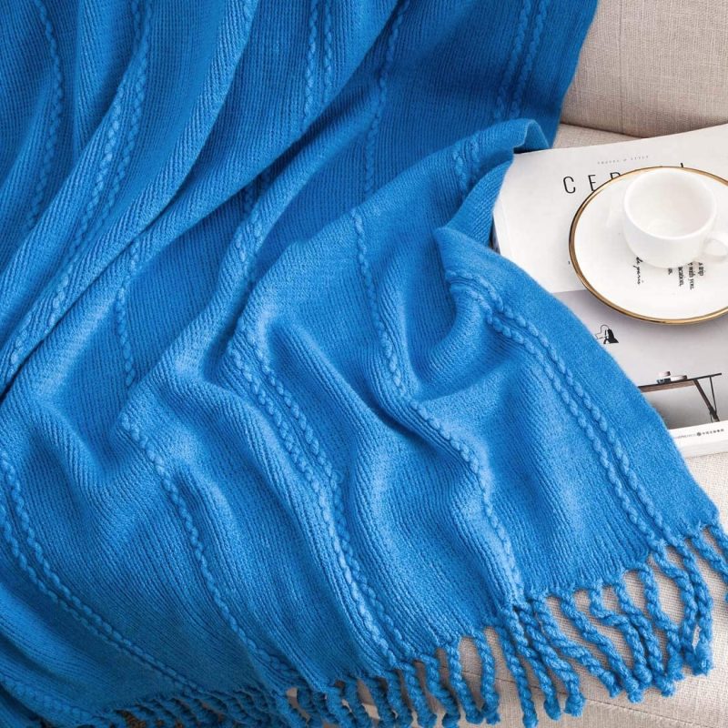 Bedding |  Revdomfly Knitted Throw Blanket Royal Blue Farmhouse Woven Blankets With Fringe Tassels For Couch Bed, 47" X 67", Royal Blue Bedding Bedding