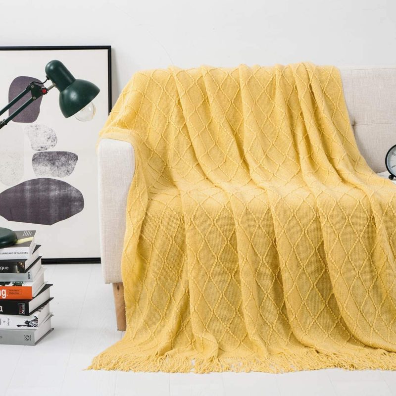 Bedding |  Revdomfly Mustard Yellow Throw Blanket With Fringe Decorative Farmhouse Knitted Throw Blanket For Sofa Couch Bed, 50" X 67", Yellow Bedding Bedding