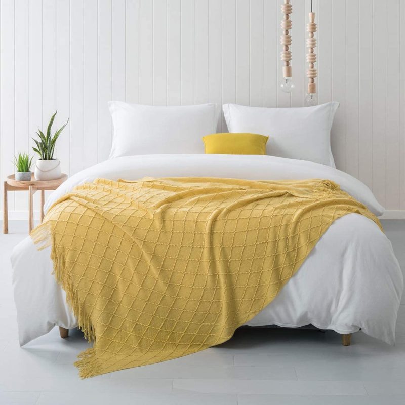 Bedding |  Revdomfly Mustard Yellow Throw Blanket With Fringe Decorative Farmhouse Knitted Throw Blanket For Sofa Couch Bed, 50" X 67", Yellow Bedding Bedding