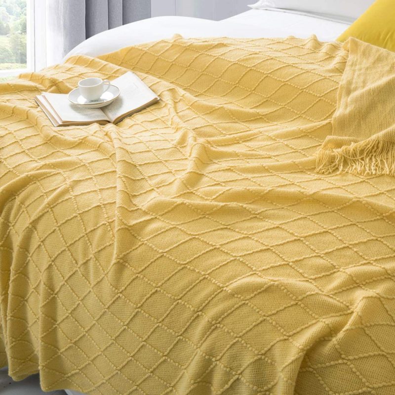 Bedding |  Revdomfly Mustard Yellow Throw Blanket With Fringe Decorative Farmhouse Knitted Throw Blanket For Sofa Couch Bed, 50" X 67", Yellow Bedding Bedding