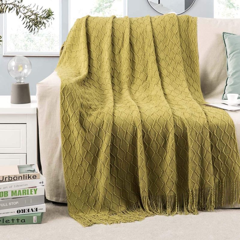 Bedding |  Revdomfly Mustard Yellow Throw Blanket With Fringe Decorative Farmhouse Knitted Throw Blanket For Sofa Couch Bed, 50" X 67", Yellow Bedding Bedding