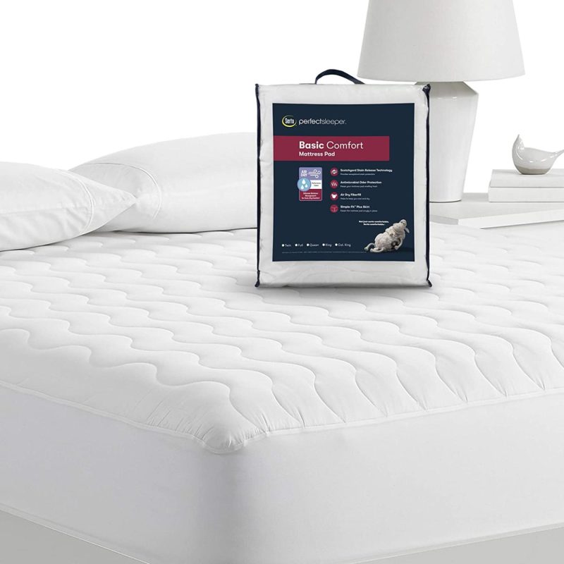 Bedding |  Serta Perfect Sleeper Basic Comfort Mattress Pad, Air Dry Moisture Wicking, Microfiber Fill, Scotchgard Stain Release, Antimicrobial Odor Protection, Cooling, Full, White Bedding Bedding